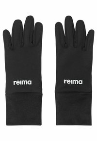 Czarne rękawiczki wykonane z miękkiego, elastycznego materiału, o dopasowanym kroju, z białym logo na obszarze nadgarstka. Proste, bez wzorów czy akcentów.