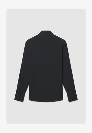 Camicia nera a maniche lunghe realizzata in tessuto liscio, con colletto classico, polsini con bottoni e orlo arrotondato con schiena liscia.