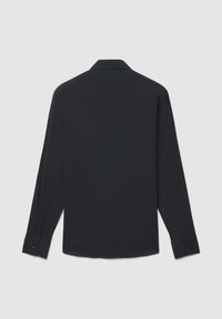 Schwarzes Langarmhemd aus einem glatten Stoff, mit klassischem Kragen, Manschetten mit Knöpfen und einem abgerundeten Saum mit schlichtem Rücken.