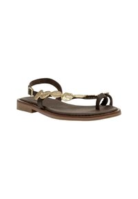 Sandalia plana marrón con diseño de tira en el dedo, que presenta un detalle metálico dorado y una plantilla suave texturizada. Incluye correa ajustable para el tobillo.