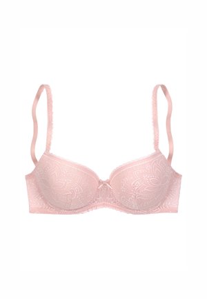 Sujetador de encaje rosa con copas acolchadas, bordes ondulados y tirantes ajustables. El patrón floral en las copas añade textura y detalle.