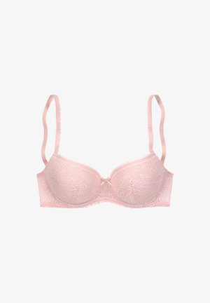 Sujetador de encaje rosa con copas acolchadas, bordes ondulados y tirantes ajustables. El patrón floral en las copas añade textura y detalle.