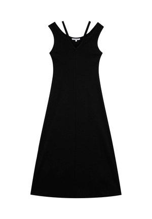 Abito nero senza maniche con scollatura a V, realizzato in un tessuto liscio, dotato di spalline sottili e una silhouette svasata e rilassata.