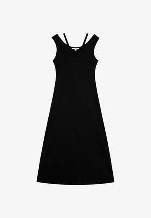 Robe noire sans manches avec un décolleté en V, fabriquée dans un tissu lisse, dotée de fines bretelles et d'une silhouette décontractée en A.