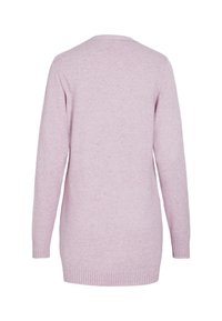 Pull en maille à manches longues, de couleur violet clair, avec bords-côtes aux poignets et à l'ourlet, présenté de dos sur un fond blanc.