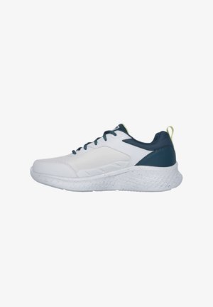 White athletic shoes with a mesh upper, dark blue accents, and a textured white sole featuring black speckles. Laces in contrasting dark color.