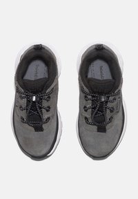 Gray suede athletic shoes with black accents, featuring a textured upper, elastic laces, and a white rubber sole.