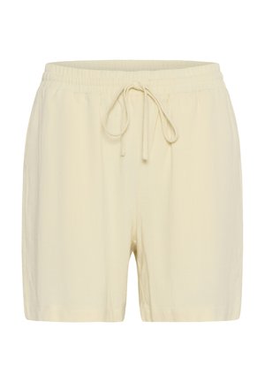 Cream-colored shorts made of lightweight fabric, featuring an elastic waistband, drawstring tie, and loose-fitting design.