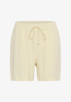 Cream-colored shorts made of lightweight fabric, featuring an elastic waistband, drawstring tie, and loose-fitting design.