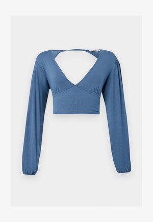 Modra dolg rokav s kratico in globokim V-izrezom, nabranimi detajli na prsi in rahlo napihnjenimi rokavi. Gladek, raztegljiv material.