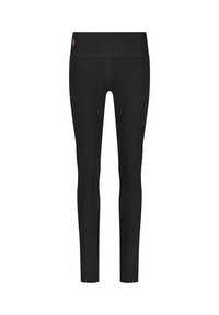 Schwarze Leggings mit einem hohen Bund, aus dehnbarem Material. Glatte Textur ohne sichtbare Muster oder Verzierungen.