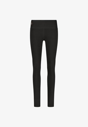 Zwarte leggings met een hoge tailleband, gemaakt van rekbaar materiaal. Glad oppervlak zonder zichtbare patronen of versieringen.