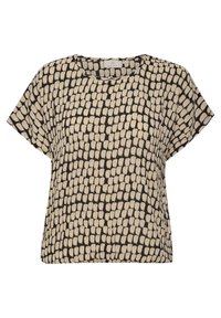 Haut à manches courtes, ample, en tissu noir et crème, avec un motif en grille composé de formes ovales. Design léger et texturé.