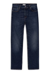 Vaqueros de mezclilla de pierna recta azul oscuro con cierre de botón y cremallera, diseño de cinco bolsillos y detalles sutilmente deslavados en los muslos.