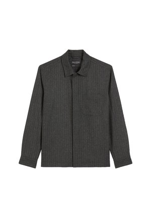 Dunkelgraue gestreifte Hemdjacke aus strukturiertem Stoff, mit Kragen, Knopfleiste und Brusttasche. Lange Ärmel mit Manschettendetails.