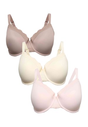 Three lace-trimmed, padded bras in beige, cream, and light pink arranged on a white background.