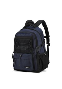 Zaino blu navy e nero realizzato in tessuto resistente, con numerosi scomparti con cerniera, spallacci imbottiti e dettagli in metallo sulla parte frontale.