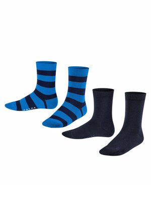 Vier Paar Socken: zwei blaue mit navy Streifen und zwei einfarbige dunkelnavy. Baumwollmischung, knielang, mit gerippten Bündchen und glatter Textur.