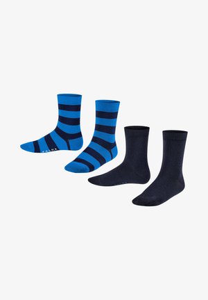 Vier Paar Socken: zwei blaue mit navy Streifen und zwei einfarbige dunkelnavy. Baumwollmischung, knielang, mit gerippten Bündchen und glatter Textur.