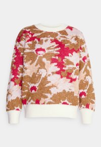 Pull en tricot avec un motif floral dans des teintes de marron, rose et crème ; il présente un col rond et des poignets et ourlet côtelés. Texture douce.