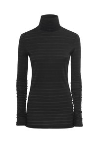 Maglione nero a collo alto con maniche lunghe, caratterizzato da un motivo a righe texturizzato. Realizzato in un tessuto morbido ed elasticizzato per una silhouette aderente.