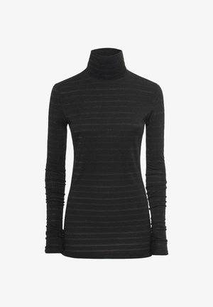 Schwarzer Rollkragenpullover mit langen Ärmeln, der mit einem strukturierten Streifenmuster versehen ist. Hergestellt aus weichem, elastischem Material für eine figurbetonte Silhouette.