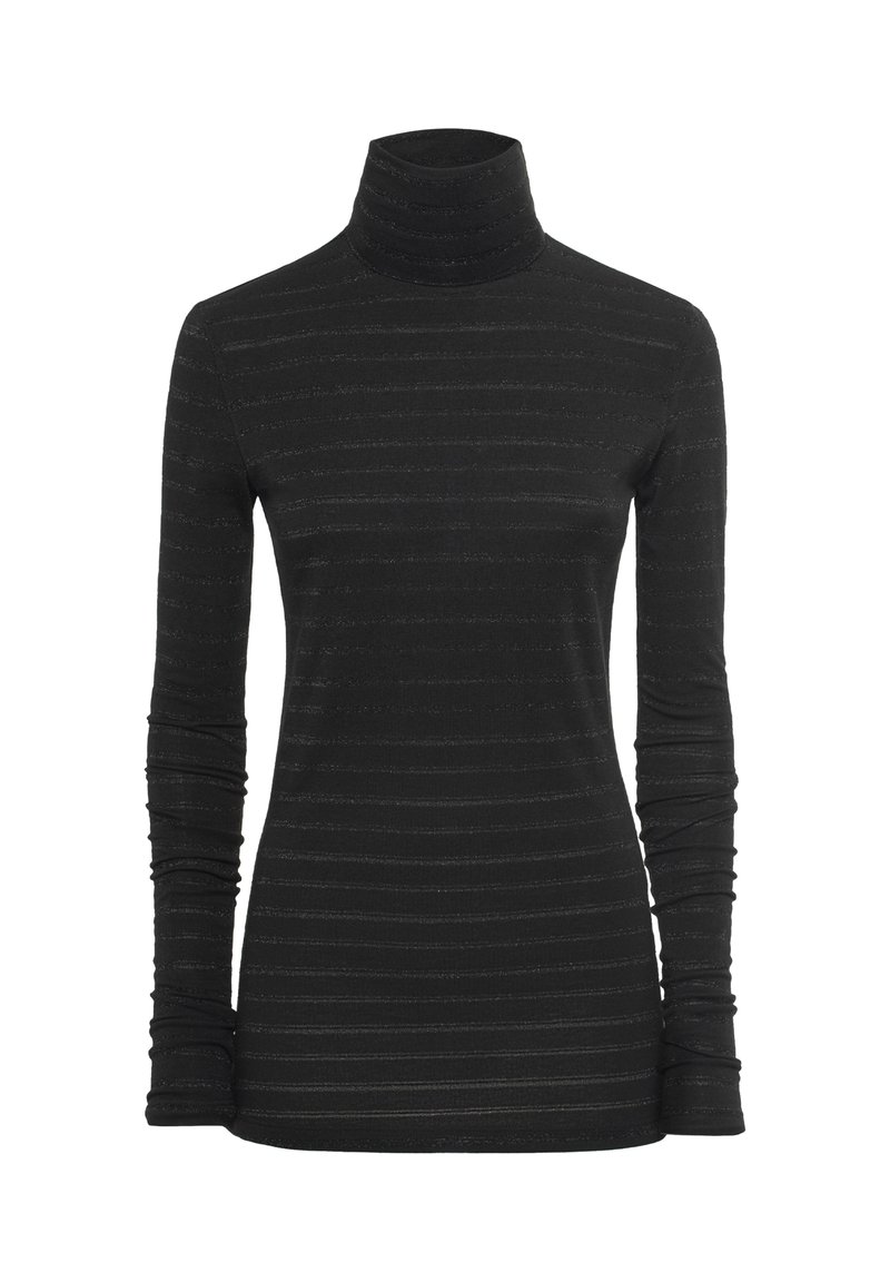 Maglione nero a collo alto con maniche lunghe, caratterizzato da un motivo a righe texturizzato. Realizzato in un tessuto morbido ed elasticizzato per una silhouette aderente.