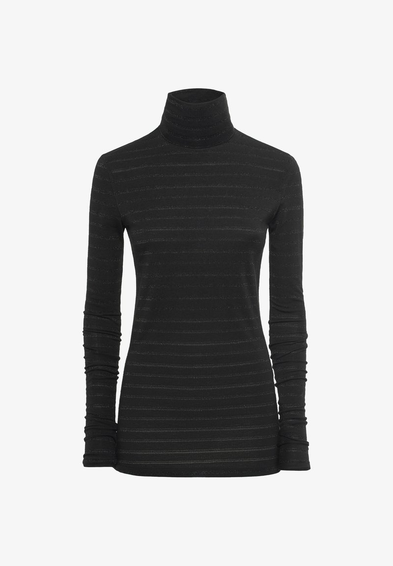 Schwarzer Rollkragenpullover mit langen Ärmeln, der mit einem strukturierten Streifenmuster versehen ist. Hergestellt aus weichem, elastischem Material für eine figurbetonte Silhouette.