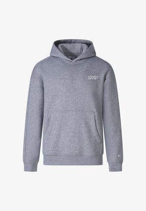 Grauer Kapuzenpullover aus einem Baumwollmischgewebe. Verfügt über eine Kängurutasche, gerippte Bündchen und ein kleines Logo auf der Brust.