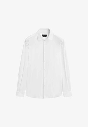 Witte lange mouw shirt van gladde stof, met een klassieke kraag, knoopsluiting aan de voorkant en dubbele knopen bij de manchetten.