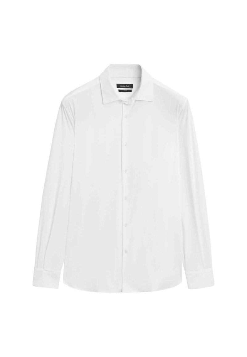 Biała koszula z długim rękawem, uszyta z gładkiego materiału, z klasycznym kołnierzykiem, zapięciem na guziki z przodu oraz podwójnymi mankietami na guziki.