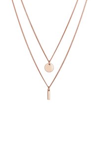 Rose gold lagd halskæde med to kæder. Den øverste kæde har en cirkulær vedhæng, mens den nederste har et rektangulært vedhæng.