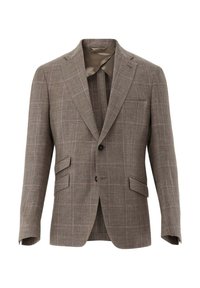 Braun kariertes Blazer mit einem Zwei-Knopf-Verschluss, Reverskragen und zwei vorderen Taschen. Der Stoff hat eine strukturierte Oberfläche mit subtilem Muster.