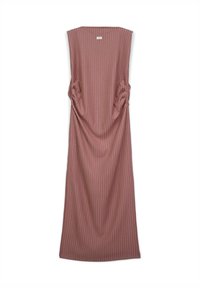 Sleeveless mauve ribbed knit dress with a straight cut and subtle gathered details on the sides, laid flat on a white background.