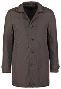 Hnědý prošívaný dlouhý kabát z voděodolného materiálu. Má klasický límec, šest knoflíků a dvě boční kapsy.