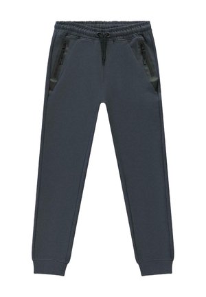 Fleece joggingbroek in donkergrijs. Voorzien van een elastische tailleband, verstelbare trekkoord en twee zijzakken met rits en contrasterende panelen.