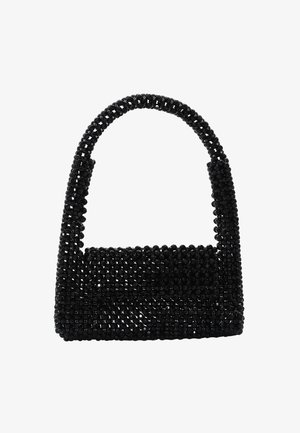 Schwarze Perlenhandtasche mit strukturierter Form, ausgestattet mit einem runden Griff und einer strukturierten Oberfläche aus kleinen, einheitlichen Perlen.