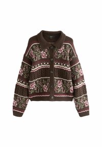Bruine button-up cardigan met roze en groene bloemenpatronen, geribbelde kraag, manchetten en zoom, en textuur gebreide secties.