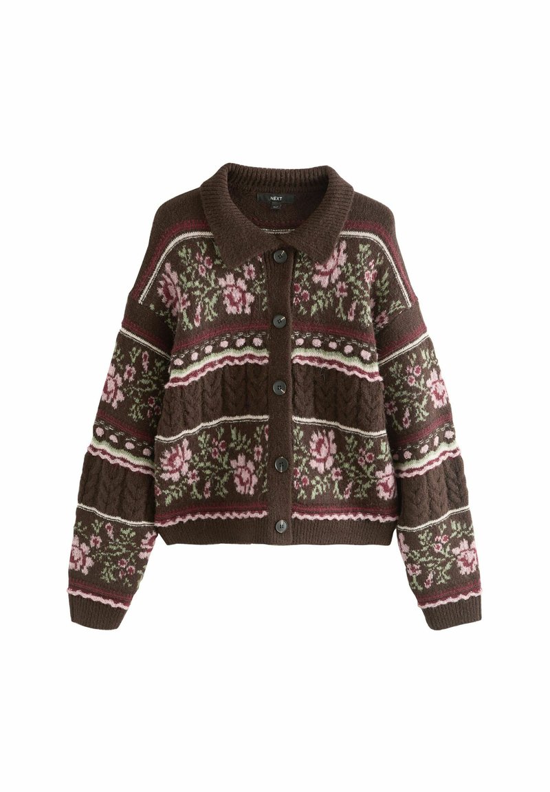 Bruine button-up cardigan met roze en groene bloemenpatronen, geribbelde kraag, manchetten en zoom, en textuur gebreide secties.