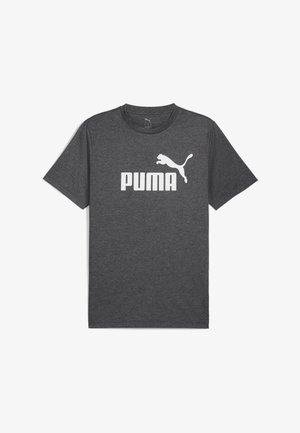 T-shirt gris foncé à manches courtes et col rond avec logo Puma blanc et texte centré sur la poitrine.