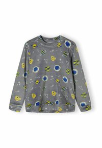 Cămașă gri cu mâneci lungi, decorată cu modele colorate de planete și stele. Țesătură moale, cu guler rotund și tiv drept.