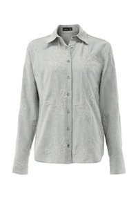 Gray button-up shirt made of textured fabric, featuring floral embroideries, a pointed collar, and long sleeves with buttoned cuffs.