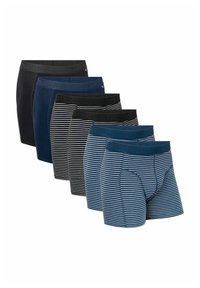 Six paires de boxers pour hommes dans des nuances de bleu, noir et des motifs rayés. Dotés d'une taille élastique avec la marque "Danish Endurance".