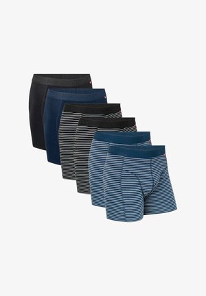 Seks par herrebokser i forskellige nuancer af blå, sort og stribede designs. Har elastisk talje med "Danish Endurance" branding.