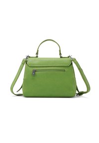 Borsa a mano in pelle verde con finitura testurizzata. Presenta un manico superiore e una tracolla rimovibile, con una tasca zip frontale.