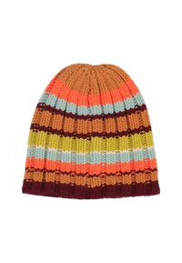 Mitmevärviline kootud beanie, millel on horisontaalsed triibud oranžis, pruunis, rohelises ja sinises. Pehme tekstuur ribakujundiga.
