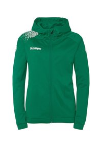 Grøn zip-up hættejakke lavet af glat stof, med hætte og struktureret geometrisk design på øverste venstre side. Hvid "Kempa" logo på forsiden.