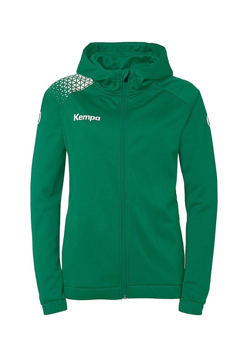 Grøn zip-up hættejakke lavet af glat stof, med hætte og struktureret geometrisk design på øverste venstre side. Hvid "Kempa" logo på forsiden.