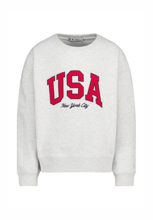 Lichtgrijze sweatshirt met ronde hals, met grote rode "USA" letters en "New York City" in kleinere zwarte cursieve tekst eronder.