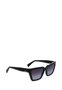 Ochelari de soare dreptunghiulari negri cu lentile gri cu degradé, având un accent texturat argintiu pe ramă, fabricați din material plastic.